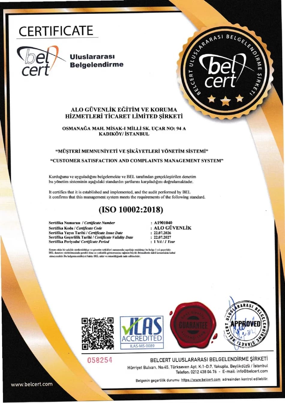 ISO 10002:2018 belgesi – belge no A1901040