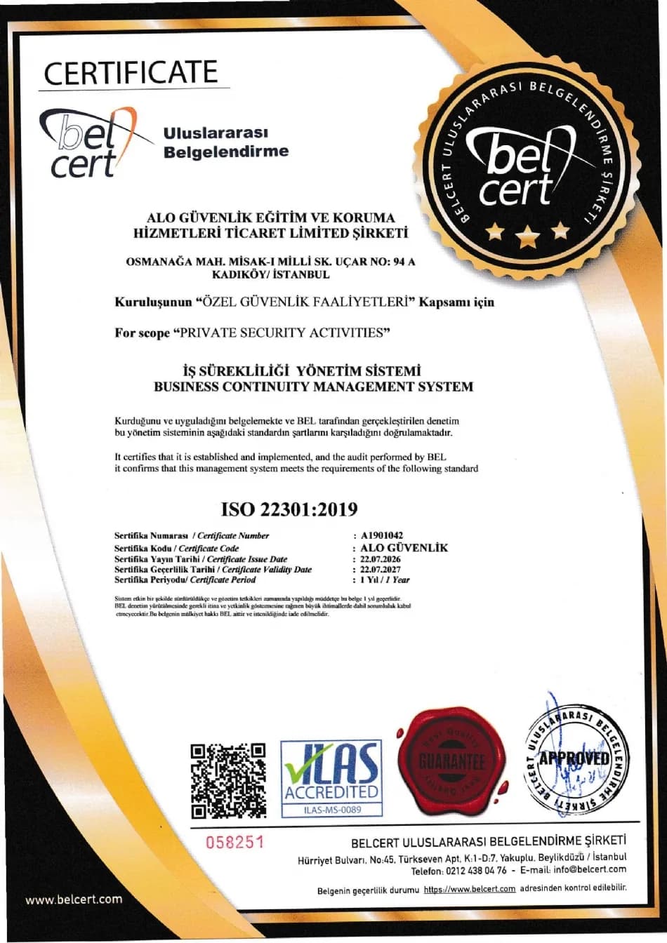 ISO 22301:2019 belgesi – belge no A1901042