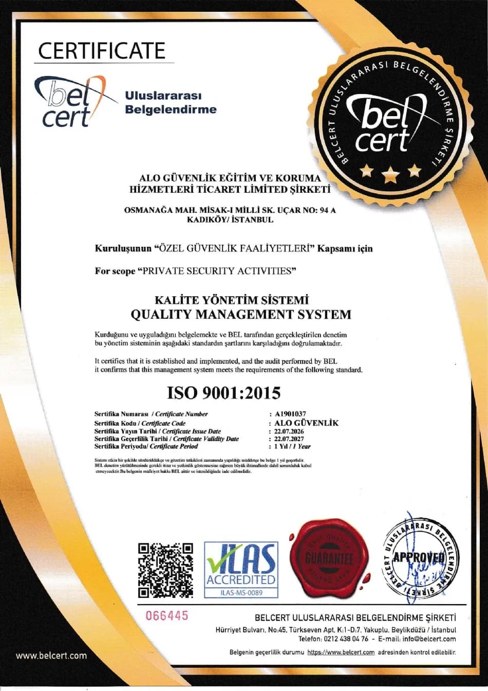 ISO 9001:2015 belgesi – belge no A1901037